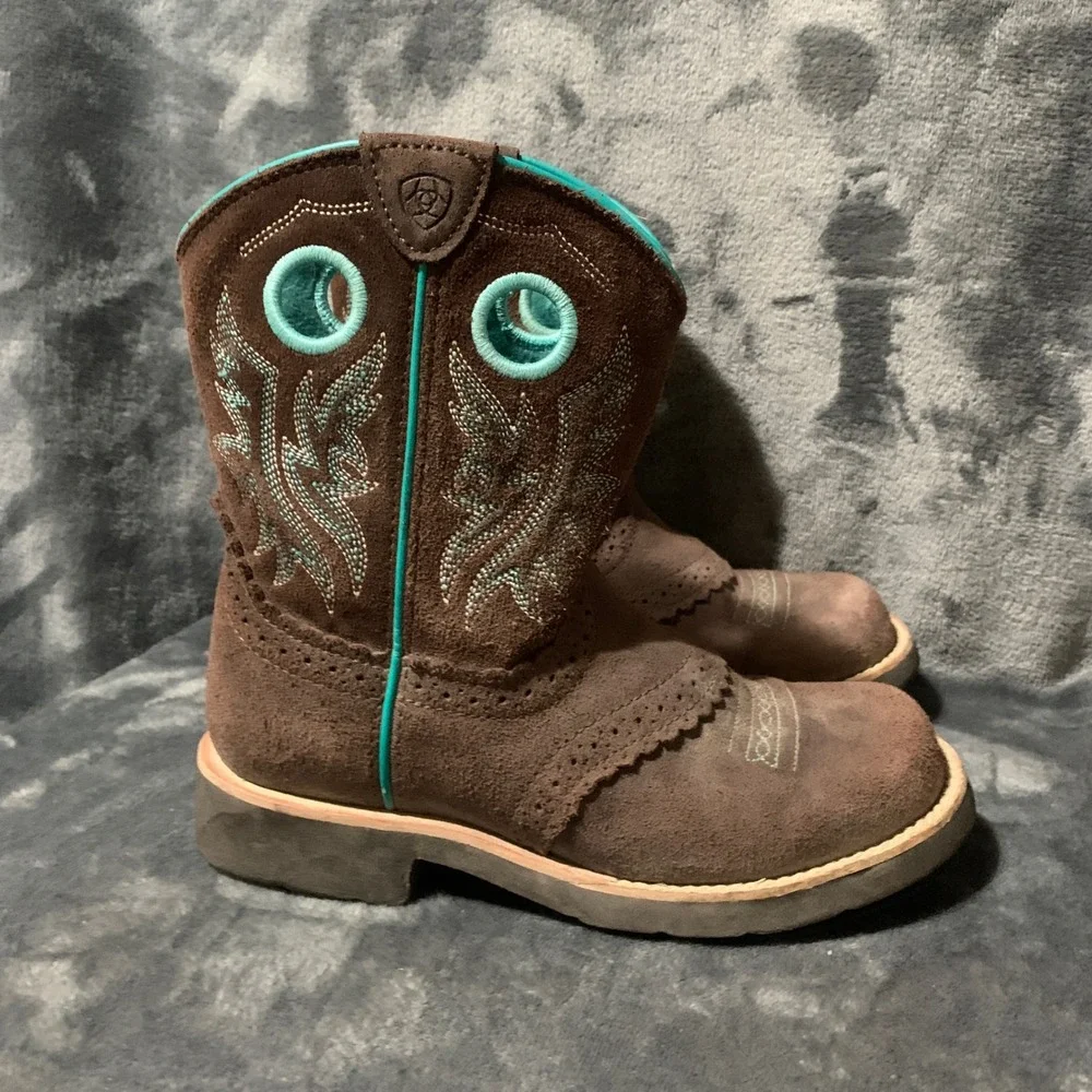 Ariat Western Boots Kids Size 2 10042537 Brown Turquoise Suede Cowgirl Rodeo